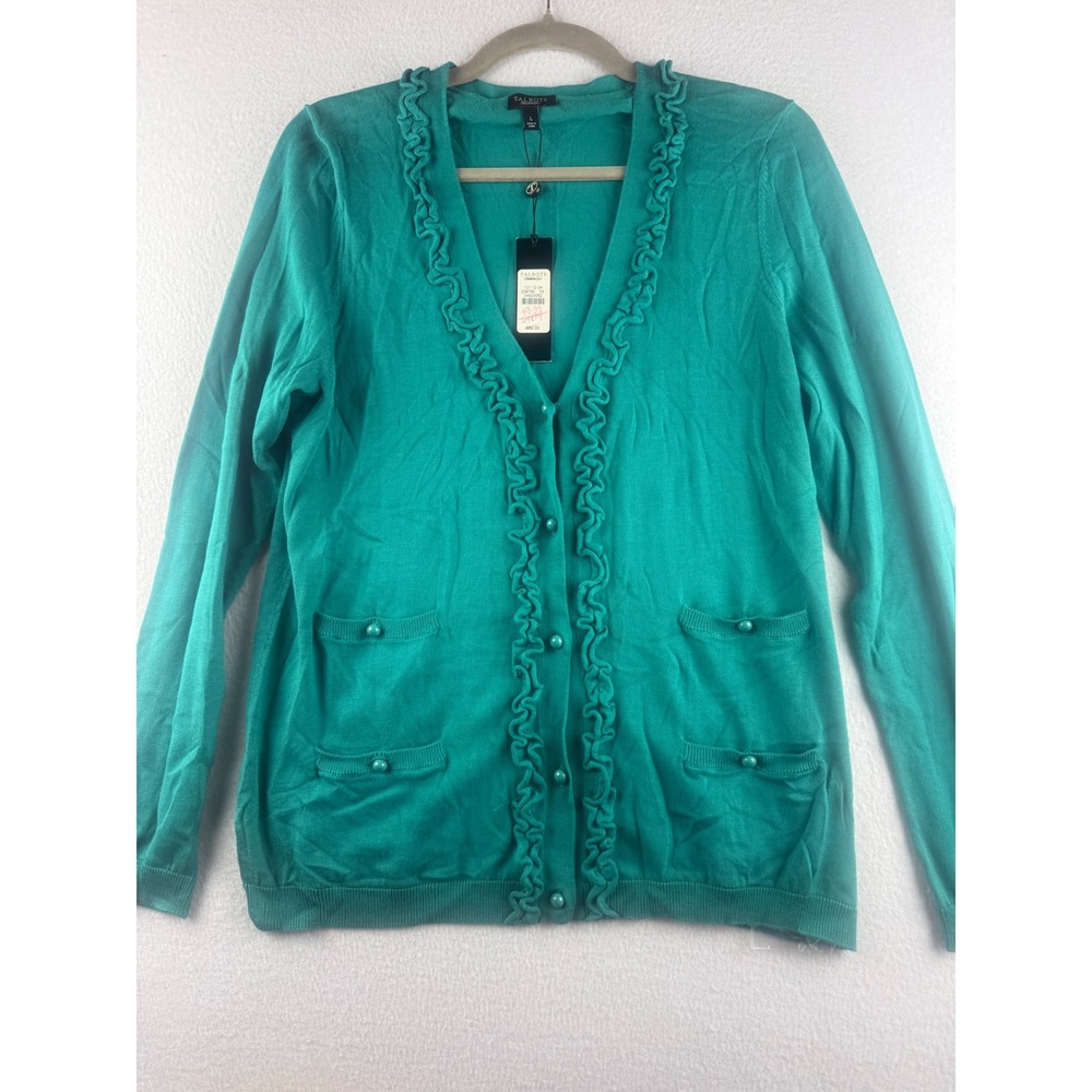 Talbots Womens Teal Green Ruffle Trim V-Neck Button Front Cardigan Sweater L NEW